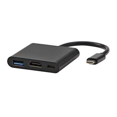 USB/Video převodník + HUB, DP Alt Mode, USB C samec - HDMI samice + USB C samice (PD) + USB A samice, černý, All New box