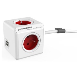 Síťový kabel 230V prodlužovací, CEE7 (vidlice) - POWERCUBE, 1.5m, EXTENDED USB, červený, POWERCUBE, 4 zásuvky, 2xUSB