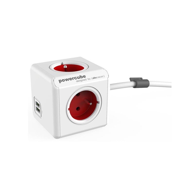 Síťový kabel 230V prodlužovací, CEE7 (vidlice) - POWERCUBE, 1.5m, EXTENDED USB, červený, POWERCUBE, 4 zásuvky, 2xUSB