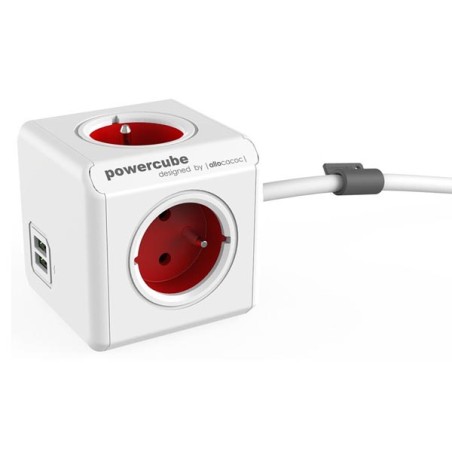 Síťový kabel 230V prodlužovací, CEE7 (vidlice) - POWERCUBE, 1.5m, EXTENDED USB, červený, POWERCUBE, 4 zásuvky, 2xUSB
