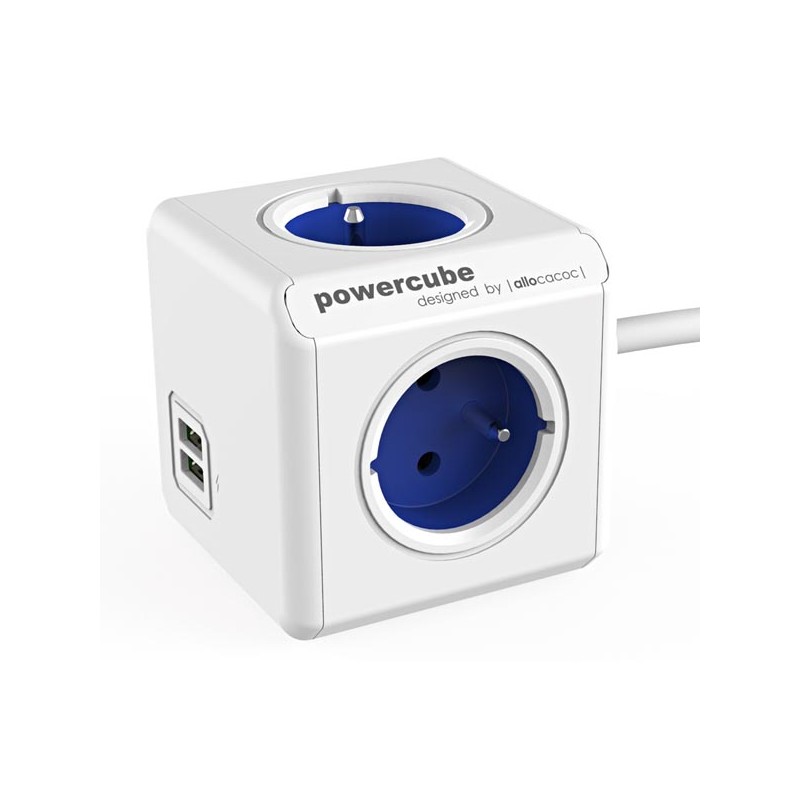 Síťový kabel 230V prodlužovací, CEE7 (vidlice) - POWERCUBE, 1.5m, EXTENDED USB, modrý, POWERCUBE, 4 zásuvky, 2xUSB port, dětská