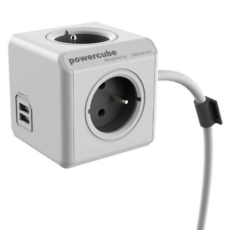 Síťový kabel 230V prodlužovací, CEE7 (vidlice) - POWERCUBE, 1.5m, EXTENDED USB, šedý, POWERCUBE, 2x USB port, 4 zásuvky, dětské