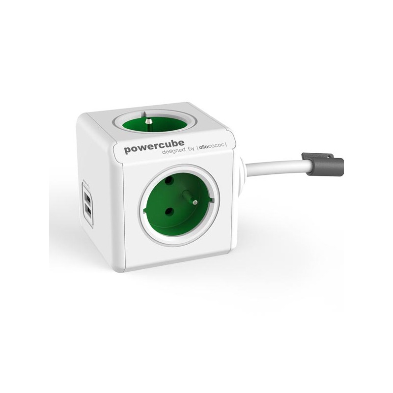 Síťový kabel 230V prodlužovací, CEE7 (vidlice) - POWERCUBE, 1.5m, EXTENDED USB, zelený, POWERCUBE, 4 zásuvky, 2xUSB port,dětská