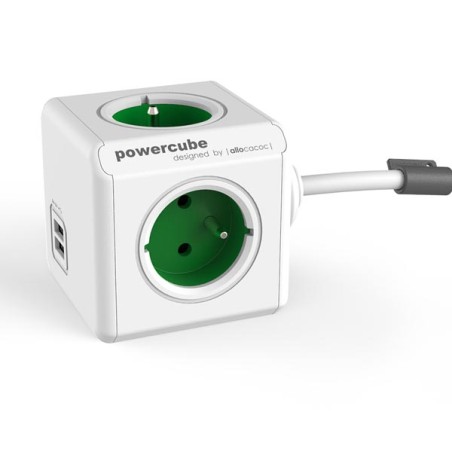 Síťový kabel 230V prodlužovací, CEE7 (vidlice) - POWERCUBE, 1.5m, EXTENDED USB, zelený, POWERCUBE, 4 zásuvky, 2xUSB port,dětská