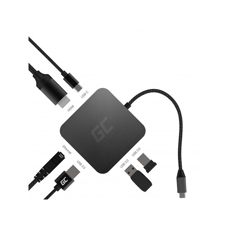 USB-C (3.0) hub 7-port, AK-61, šedý, Green Cell, 3xUSB 3.0, HDMI 4K (30Hz), Ethernet 1Gbps, USB-C