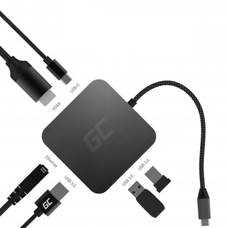 USB-C (3.0) hub 7-port, AK-61, šedý, Green Cell, 3xUSB 3.0, HDMI 4K (30Hz), Ethernet 1Gbps, USB-C