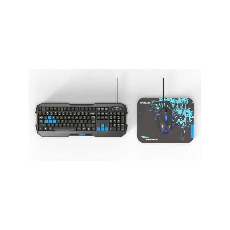 E-blue Polygon sada klávesnice drátová (USB) US, černo-modrá s myší Cobra II, herní, a podložkou Mazer Marface S typ, DOPRODEJ