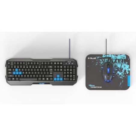 E-blue Polygon sada klávesnice drátová (USB) US, černo-modrá s myší Cobra II, herní, a podložkou Mazer Marface S typ, DOPRODEJ