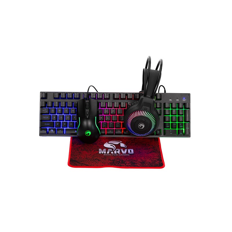 Marvo LOOT 40 sada klávesnice drátová (USB) CZ/SK, černá s herní myší, podložkou a sluchátky, podsvícená