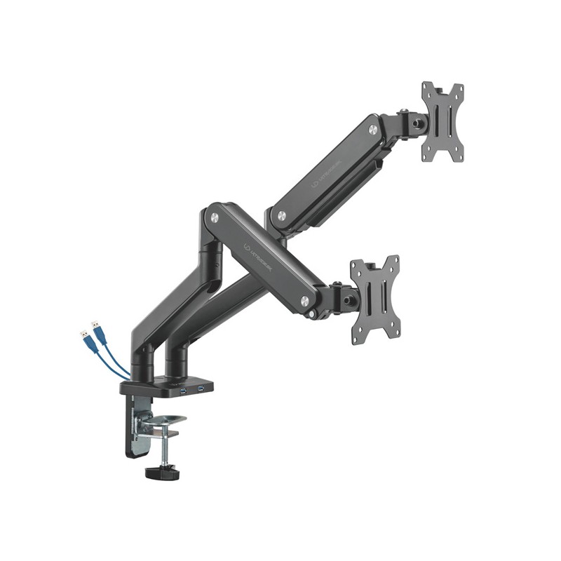 ULTRADESK BRANCH Double Polohovatelný držák pro 2 monitory, černý, 20KG, svorka a průchodka stolu, 17"-32", 75x75/100x100