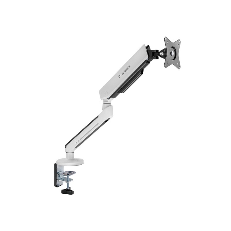 ULTRADESK OFFSHOOT Single Polohovatelný držák pro monitor, bílý, 9KG, svorka a průchodka stolu, 17"-32", 75x75/100x100