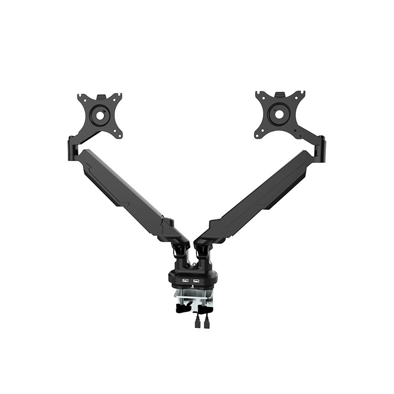 Polohovatelný držák pro 2 monitory, černý, 2-9 Kg, svorka a průchodka stolu, 17"-32", USB HUB, 75x75/100x100