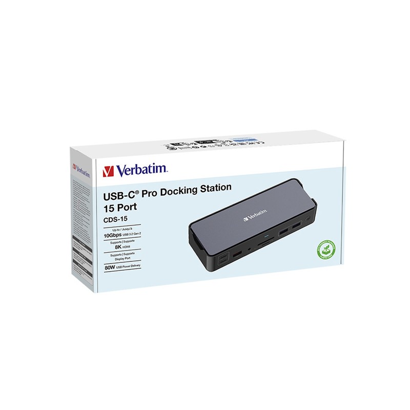 Dokovací stanice Verbatim, USB-C Pro, 15-port, 2x HDMI, RJ45, microSD, 2x USB-A 3.0, USB-C PD, šedá