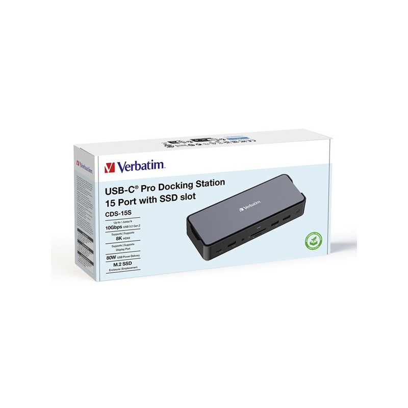 Dokovací stanice Verbatim, USB-C Pro, 15-port, 2x HDMI, RJ45, microSD, USB-A 3.1, USB-C 3.1, šedá 32173