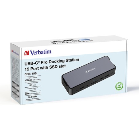 Dokovací stanice Verbatim, USB-C Pro, 15-port, 2x HDMI, RJ45, microSD, USB-A 3.1, USB-C 3.1, šedá 32173