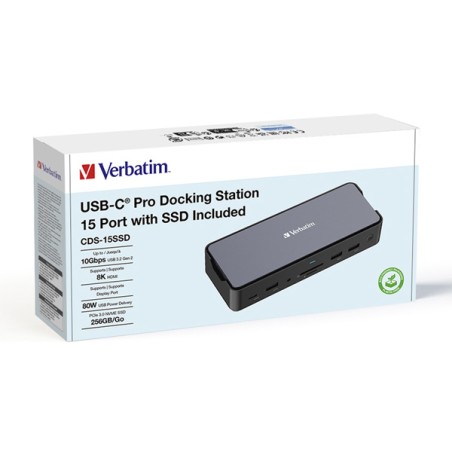 Dokovací stanice Verbatim, USB-C Pro, 15-port, 2x HDMI, RJ45, microSD, USB-A 3.1, USB-C 3.1, šedá 32174