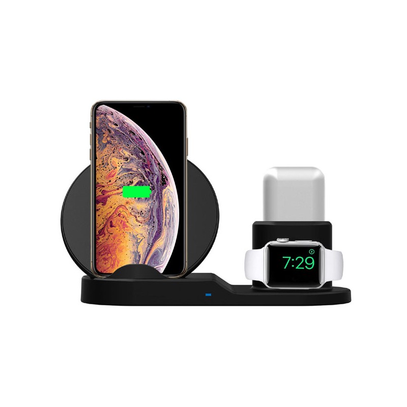 3v1 bezdrátová nabíječka, pro telefon, Apple Watch a Airpods, černá, 5/9V, 15W, Qi