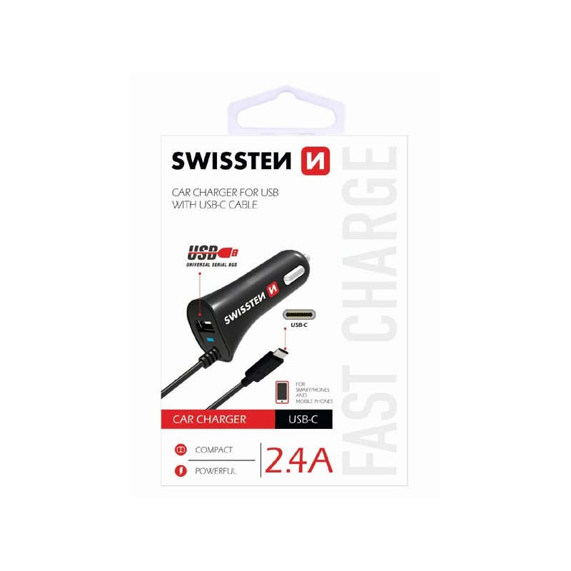 Adaptér do auta SWISSTEN 12W, 1 port, USB-A, kabel USB-C