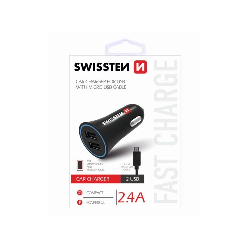 Adaptér do auta SWISSTEN 12W, 2 porty, USB-A, kabel microUSB