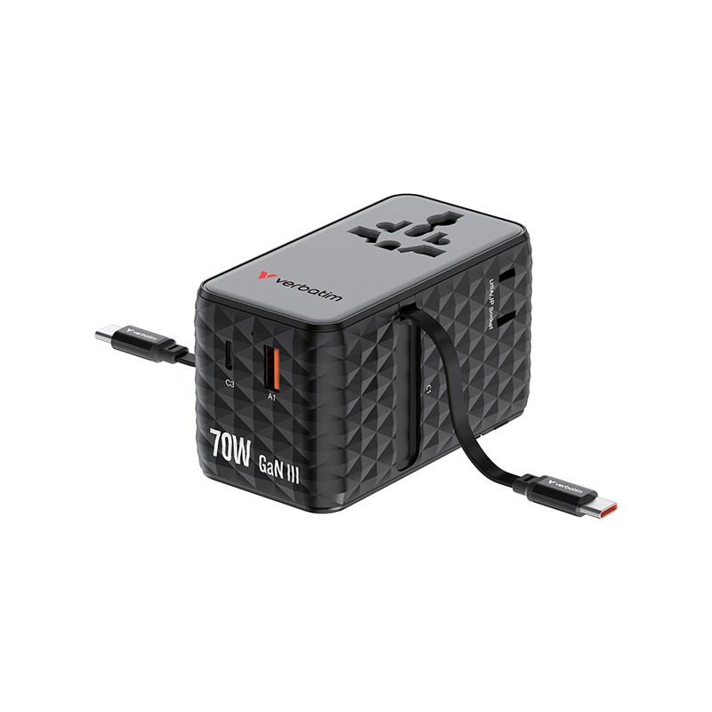 Verbatim, Univerzální cestovní adaptér GaN III Charge ,n 1x USB-C, 1X USB-A + 2x integrovaný kabel USB-C, černá, 70 W