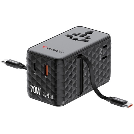 Verbatim, Univerzální cestovní adaptér GaN III Charge ,n 1x USB-C, 1X USB-A + 2x integrovaný kabel USB-C, černá, 70 W