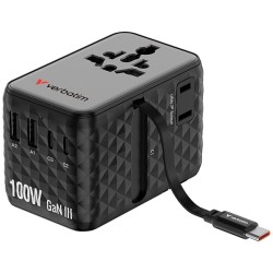 Verbatim, Cestovní adaptér Charge ,n, Travel GaN III 2x USB-C, 2X USB-A + 1x integrovaný kabel USB-C, černá, 100 W