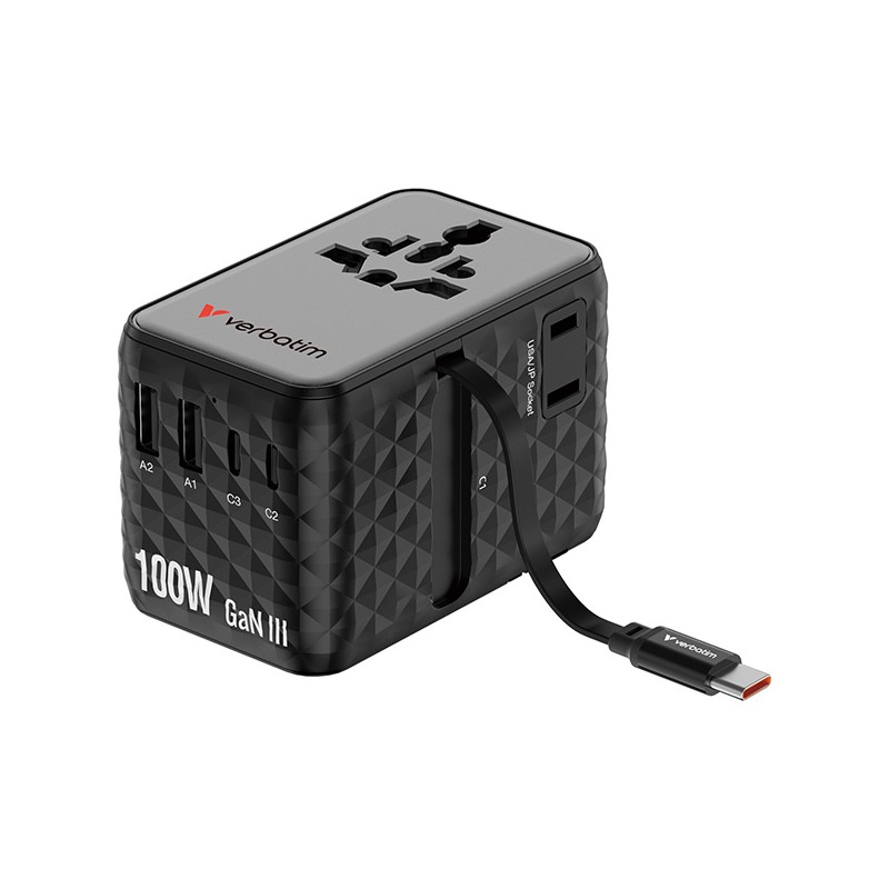 Verbatim, Cestovní adaptér Charge ,n, Travel GaN III 2x USB-C, 2X USB-A + 1x integrovaný kabel USB-C, černá, 100 W