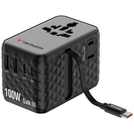 Verbatim, Cestovní adaptér Charge ,n, Travel GaN III 2x USB-C, 2X USB-A + 1x integrovaný kabel USB-C, černá, 100 W