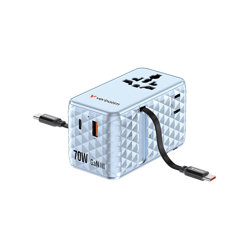 Verbatim, Cestovní adaptér Charge ,n, Travel GaN III 1x USB-C, 1X USB-A + 2x integrovaný kabel USB-C, modrá, 70 W