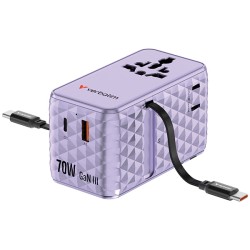 Verbatim, Cestovní adaptér Charge ,n, Travel GaN III 1x USB-C, 1X USB-A + 2x integrovaný kabel USB-C, fialová, 70 W