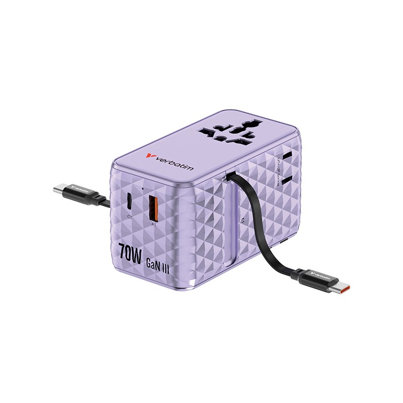 Verbatim, Cestovní adaptér Charge ,n, Travel GaN III 1x USB-C, 1X USB-A + 2x integrovaný kabel USB-C, fialová, 70 W
