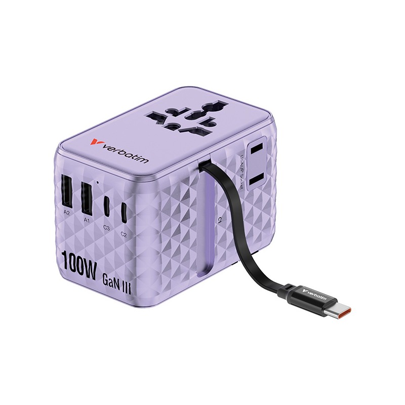 Verbatim, Cestovní adaptér Charge ,n, Travel GaN III 2x USB-C, 2X USB-A + 1x integrovaný kabel USB-C, fialová, 100 W