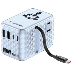 Verbatim, Cestovní adaptér Charge ,n, Travel GaN III 2x USB-C, 2X USB-A + 1x integrovaný kabel USB-C, modrá, 100 W