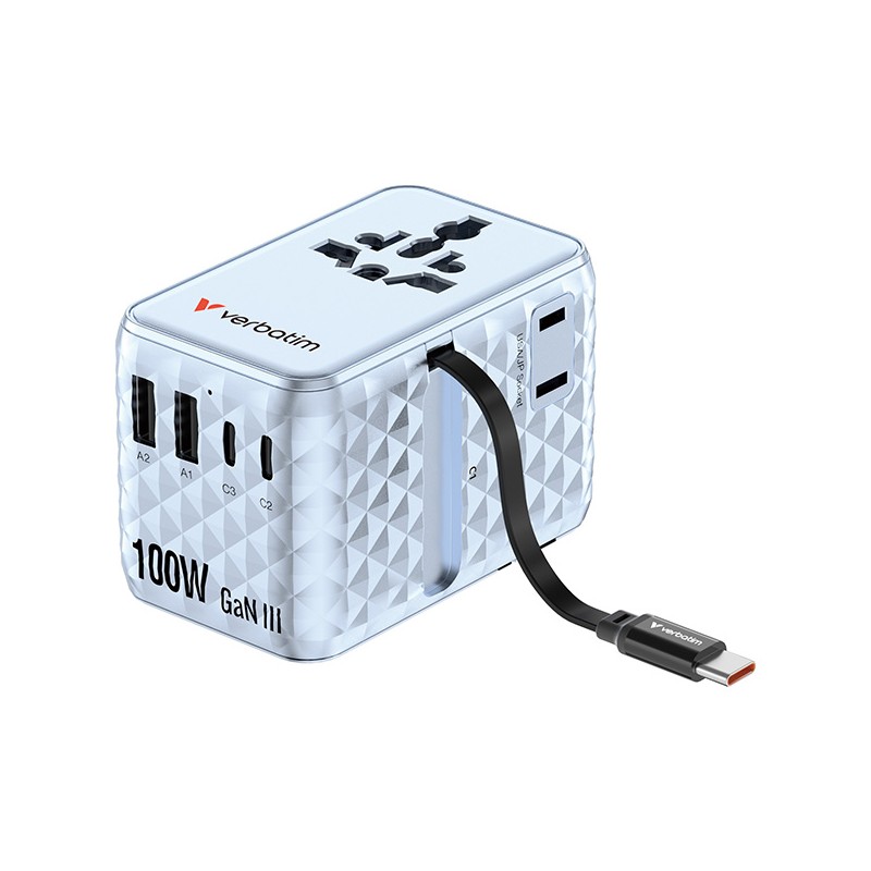 Verbatim, Cestovní adaptér Charge ,n, Travel GaN III 2x USB-C, 2X USB-A + 1x integrovaný kabel USB-C, modrá, 100 W