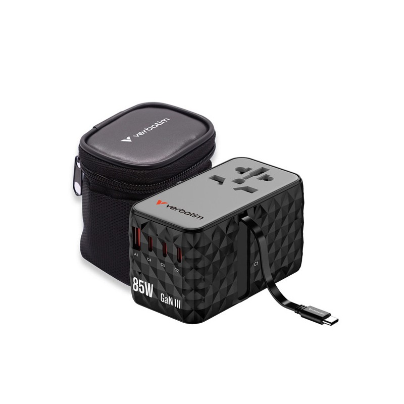 Verbatim, Cestovní adaptér univerzální CNT-02 GaN III 3x USB-C PD QC 4+, 1x USB-C kabel, 1x USB-A QC, černý, 85W