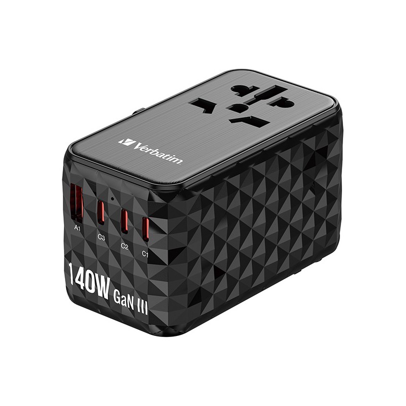 Verbatim, Cestovní adaptér univerzální UTA-10 GaN III 2x USB-C PD a QC 4+, 1x USB-C PD 3.0, 1x USB-A QC, černý, 140 W