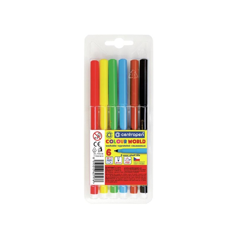 Centropen, sada popisovačů 7550, color, 6ks, 1mm, válcový hrot odolný proti zatlačení