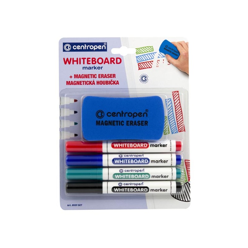 Centropen, sada whiteboard marker 8559, color, 4ks, 2.5mm, alkoholová báze. součásti baleni je magnetická hou
