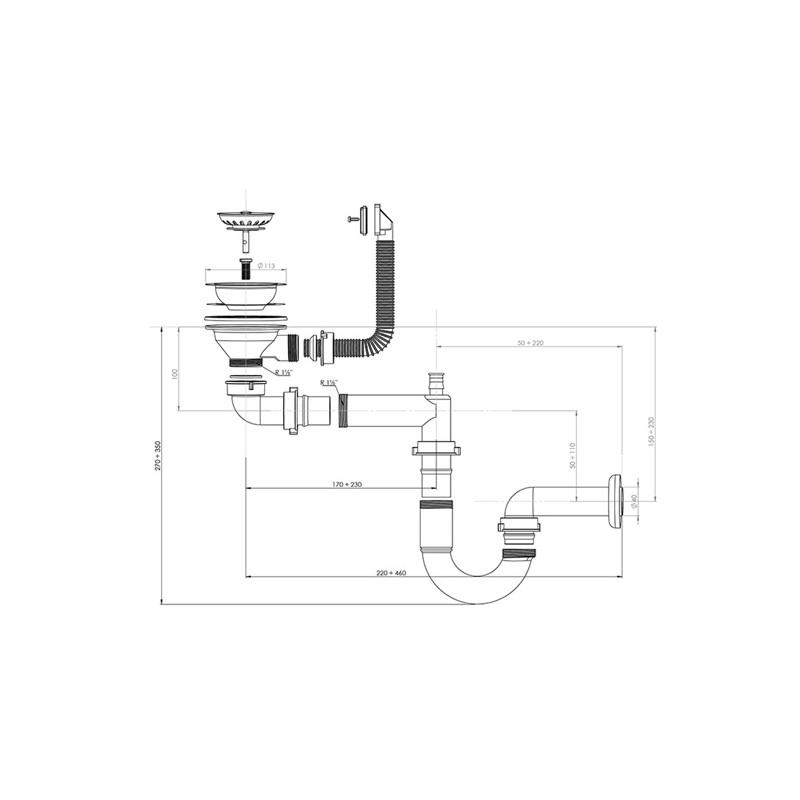 StrongSinks sifon plast dřezový, 40 mm, 220-460mm, bílý, StrongSinks Sifon pro úsporu místa pro nerez dřezy, DOPRODEJ