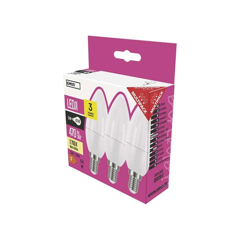 LED žárovka EMOS Lighting E14, 220-240V, 4.2W, 470lm, 2700k, teplá bílá, 30000h, Classic Candle 102x35x35mm-3pack