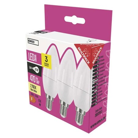 LED žárovka EMOS Lighting E14, 220-240V, 4.2W, 470lm, 2700k, teplá bílá, 30000h, Classic Candle 102x35x35mm-3pack