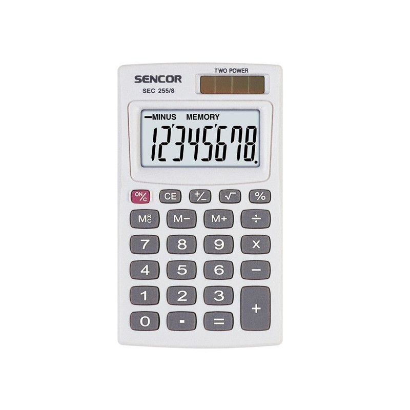 Sencor Kalkulačka SEC 255/8, bílá, kapesní, osmimístná, duální napájení