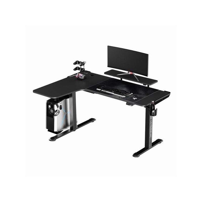 ULTRADESK Herní stůl WINGER - černý, 111x155x60 cm, 75-122 cm, elektricky nastavitelná výška, RGB podsvícení, držák sluchátek i
