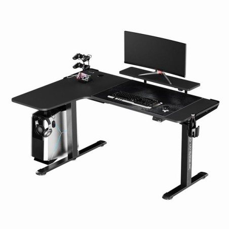 ULTRADESK Herní stůl WINGER - černý, 111x155x60 cm, 75-122 cm, elektricky nastavitelná výška, RGB podsvícení, držák sluchátek i