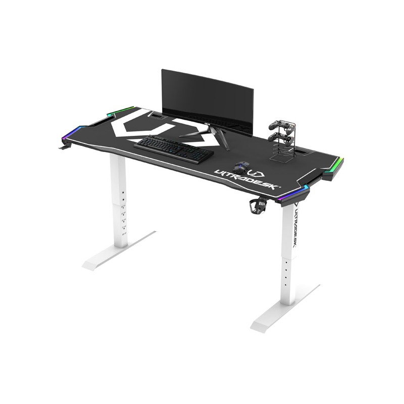 ULTRADESK Herní stůl FORCE SNOW - bílý, 166x70 cm, 66-86 cm, 5 úrovní výšky,s XXL podložkou pod myš, RGB podsvícení