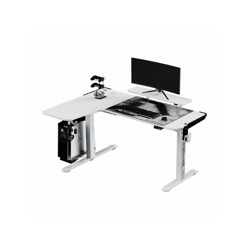 ULTRADESK Herní stůl WINGER - bílý, 111x155x60 cm, 75-122 cm, elektricky nastavitelná výška, RGB podsvícení, držák sluchátek i