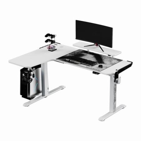 ULTRADESK Herní stůl WINGER - bílý, 111x155x60 cm, 75-122 cm, elektricky nastavitelná výška, RGB podsvícení, držák sluchátek i