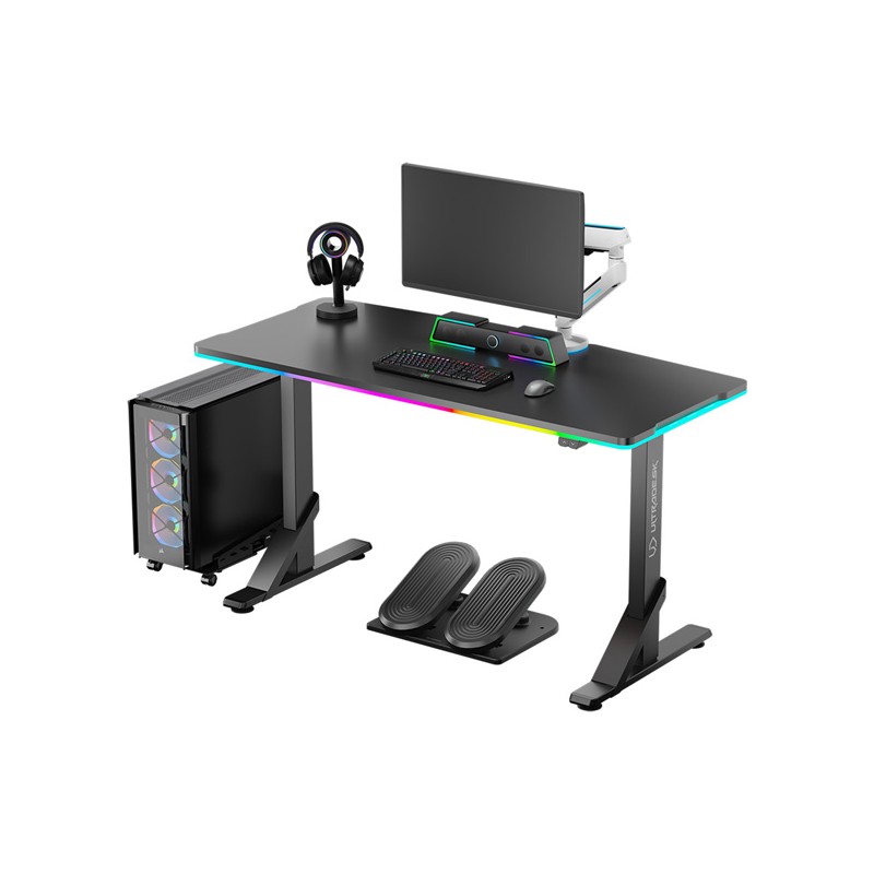ULTRADESK Herní stůl IRON BLACK, 132,5x60,5 cm, 71-81 cm, mechanicky nastavitelná výška,RGB podsvícení