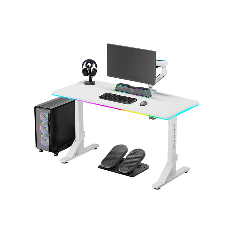 ULTRADESK Herní stůl IRON WHITE, 132,5x60,5 cm, 71-81 cm, mechanicky nastavitelná výška,RGB podsvícení