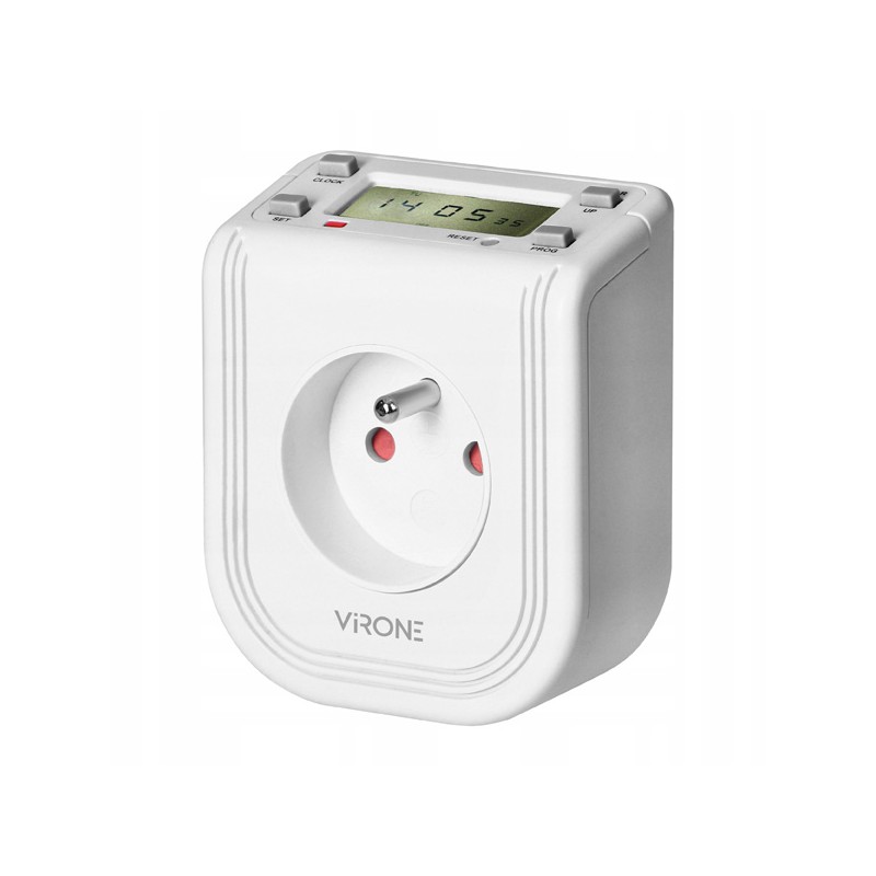 Zásuvka s elektronickým časovačem 230V, 50Hz, max. 3680W, bílá, Virone, Horní LCD displej, 16 časových programů, baterie